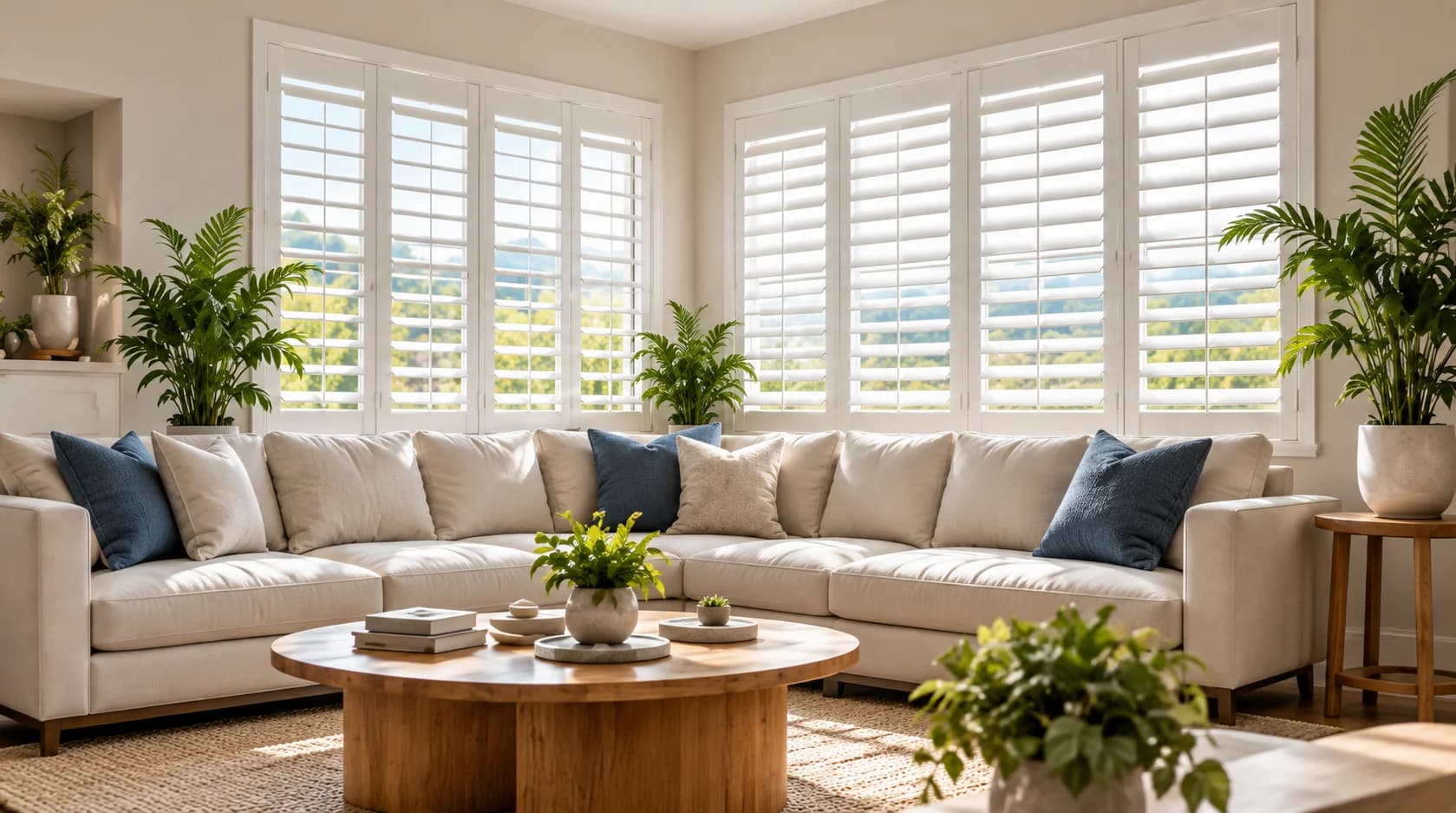 Sunny living room with white plantation shutters