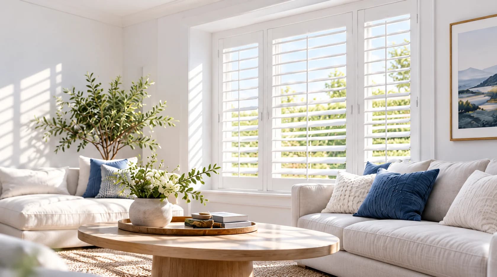 Living room with white plantation shutters