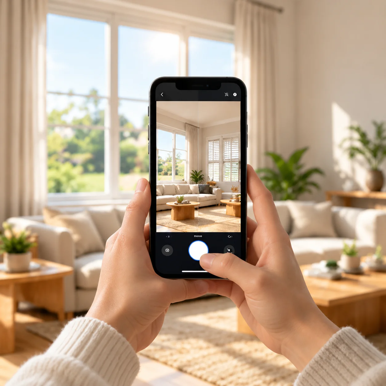 Taking a photo of a living room on a phone