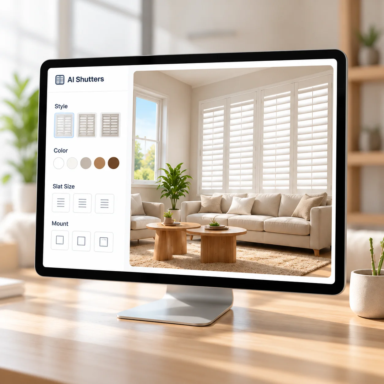 Choosing shutter style, color, slat size and mount in the AI Shutters designer