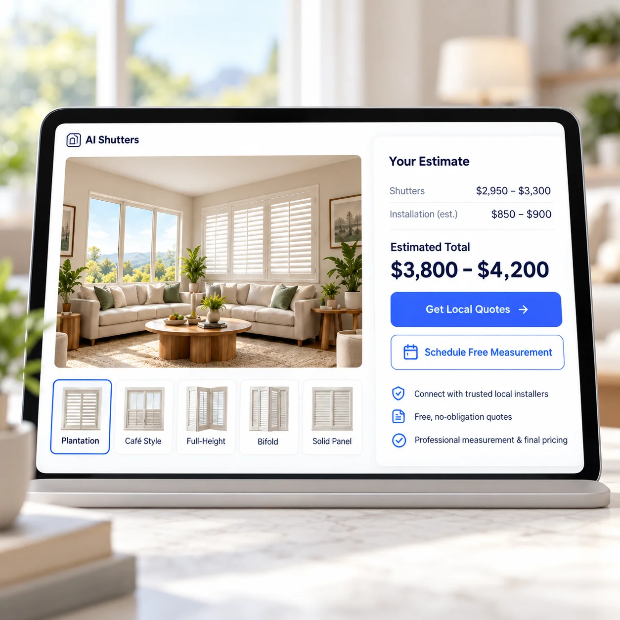 Shutter estimate of $3,800 to $4,200 with Get Local Quotes and Schedule Free Measurement