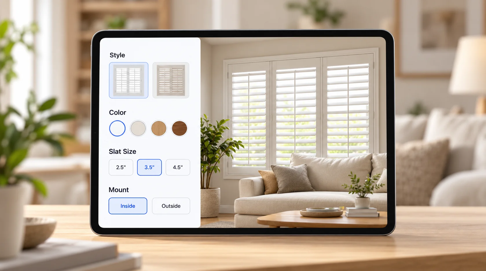 Customizing shutter style, color and slat size on a tablet